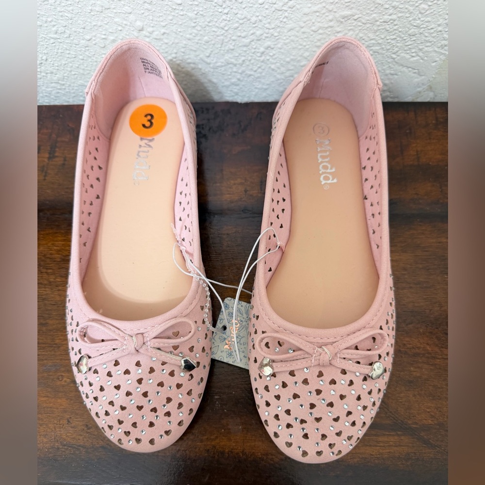 Mudd Girls Pink Flats Shoes bow on the front, and rhinestone embellishments SZ 3